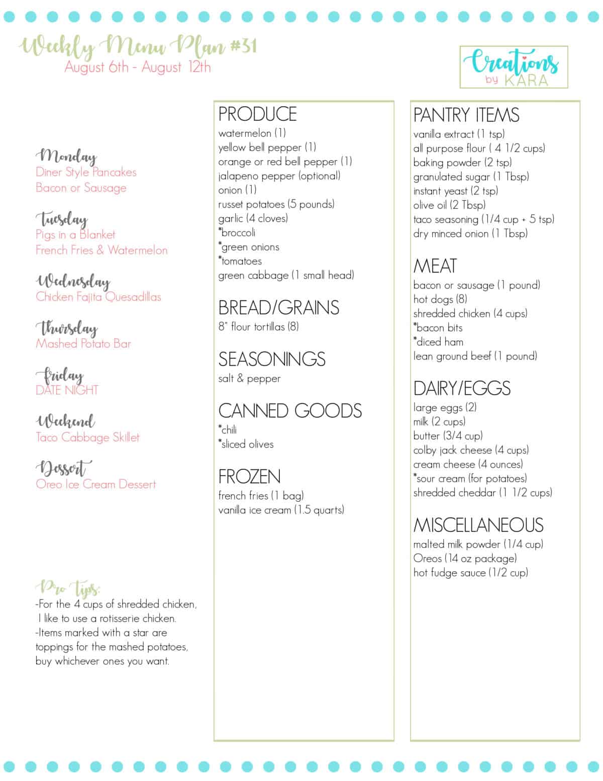 Weekly Meal Plan #31 - Creations by Kara