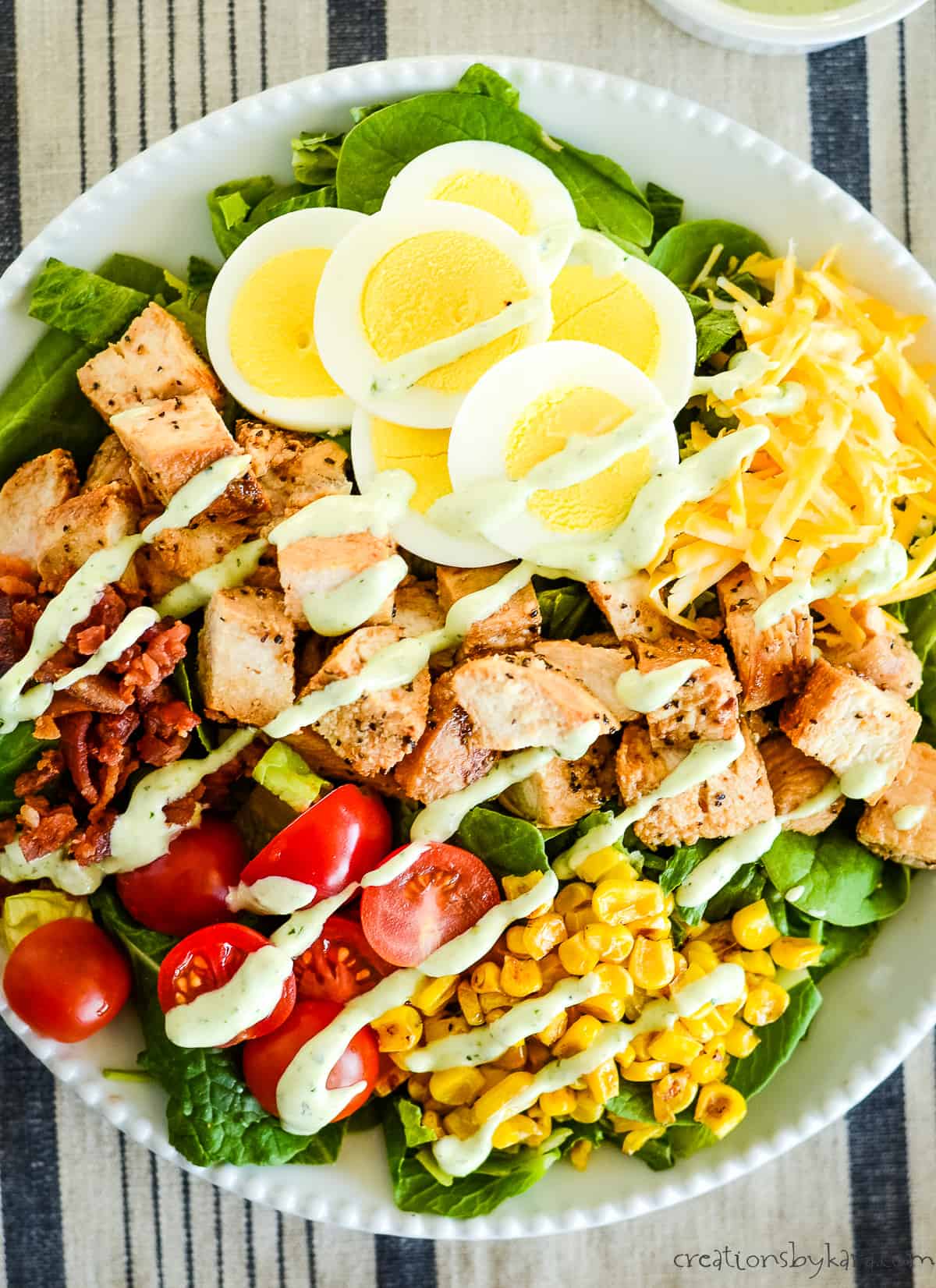 overhead shot of copycat chick-fil-a grilled chicken cobb salad