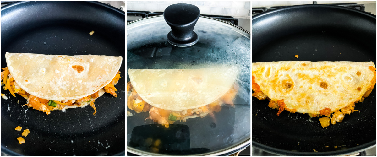 process shots - cooking chicken fajita quesadilla in a skillet