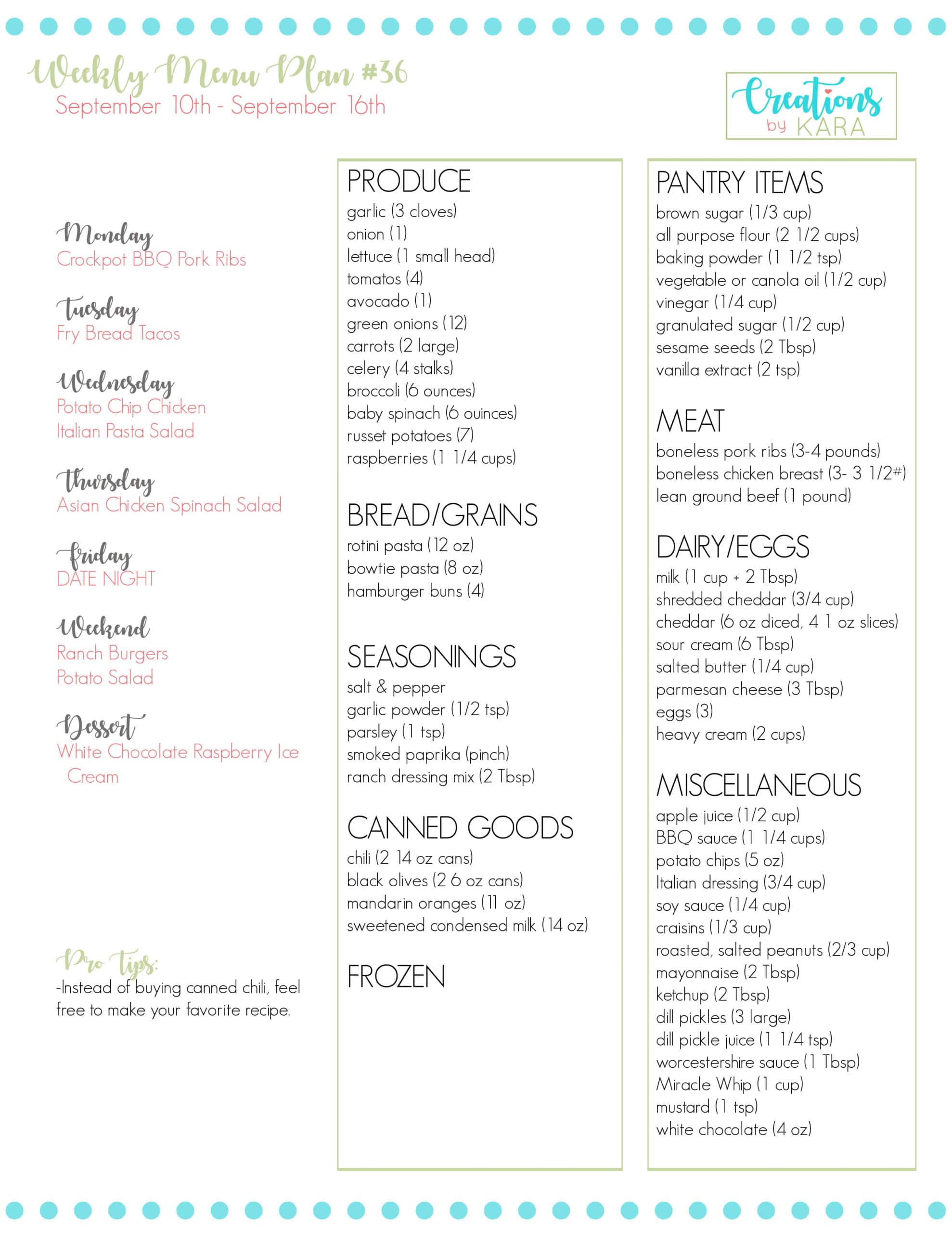 printable grocery list for weekly meal plan #36