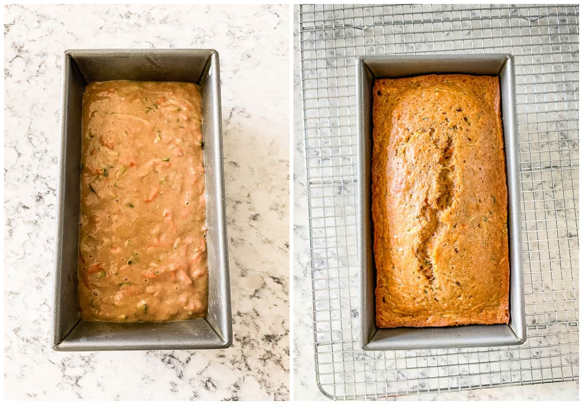 process shots - loaf of batter, and baked carrot zucchini bread