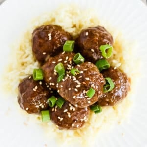 overhead shot of teriyaki meatballs with rice