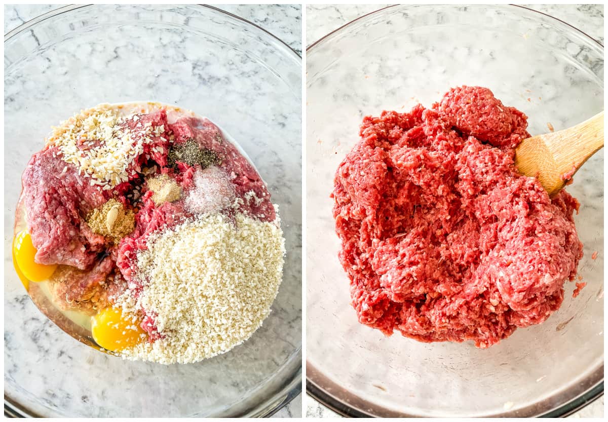 process shots - ground beef and other ingredients in a mixing bowl