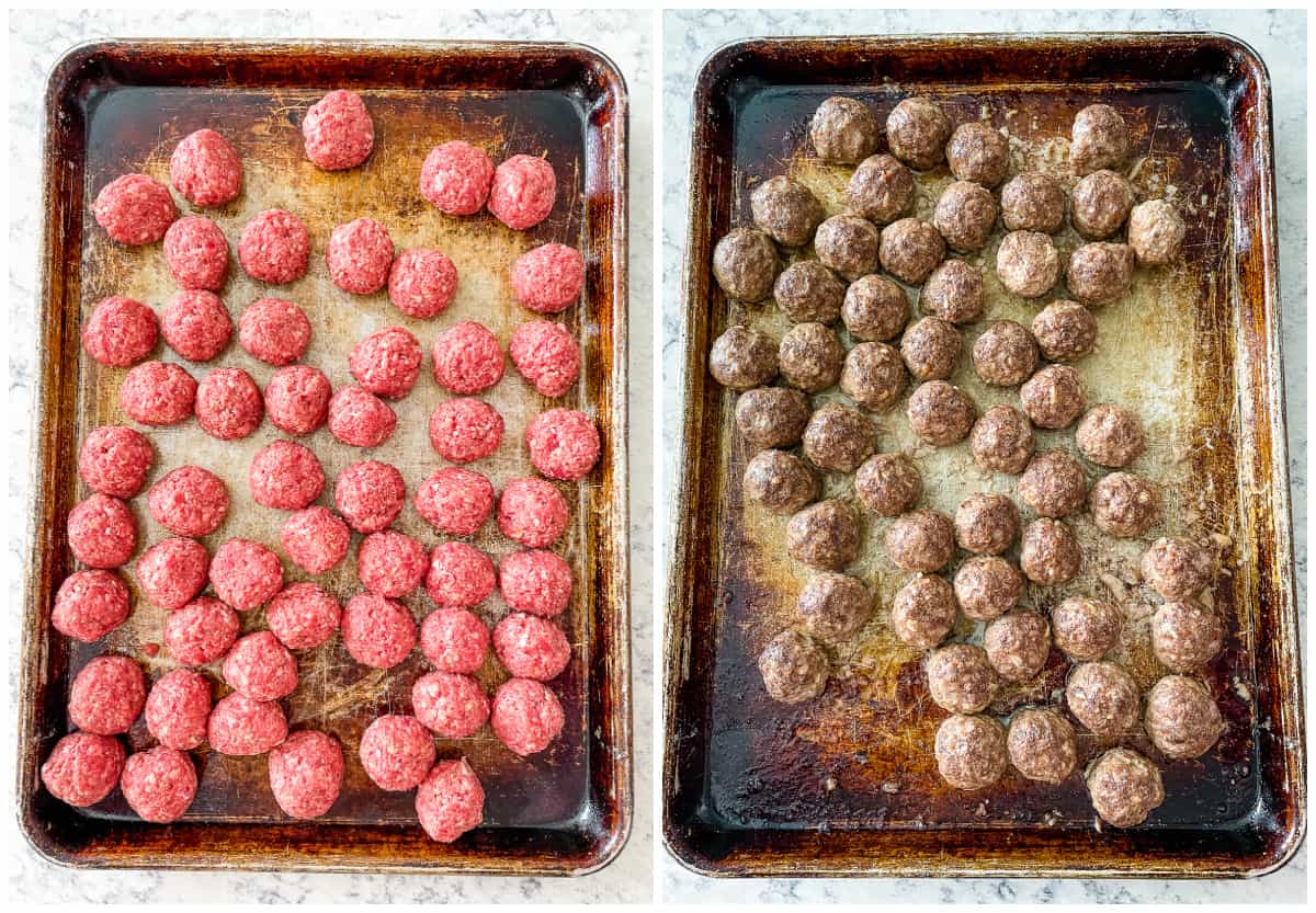 raw and baked terriyaki meatballs on a cookie sheet