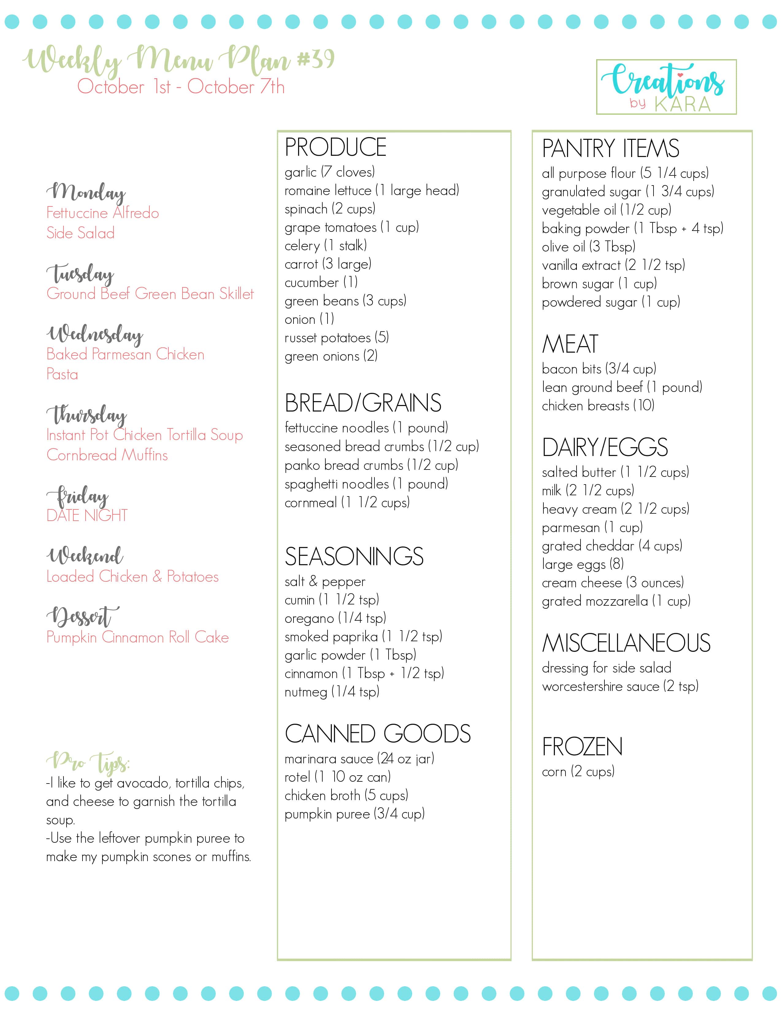 Weekly Meal Plan #39 - Creations by Kara