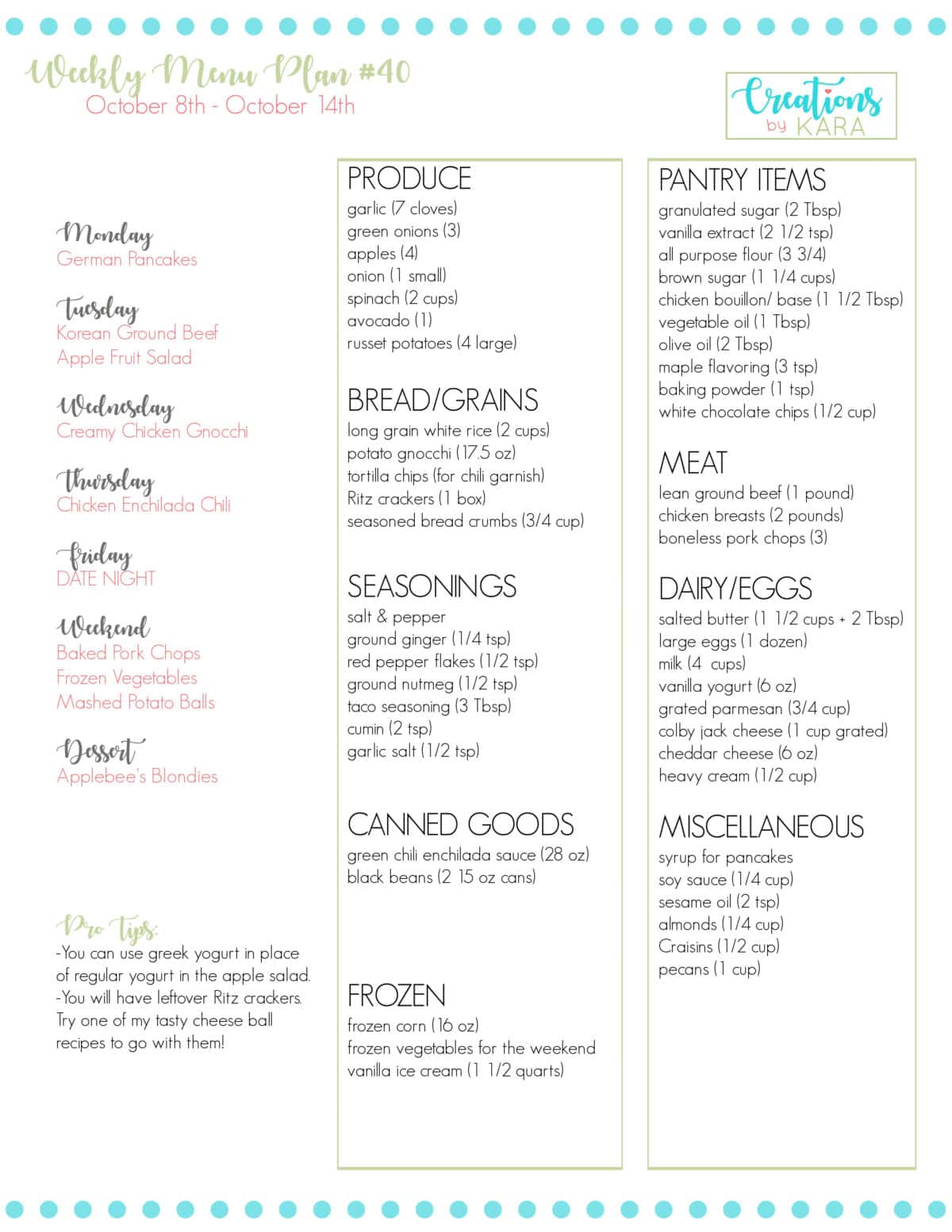 printable grocery list for meal plan #40
