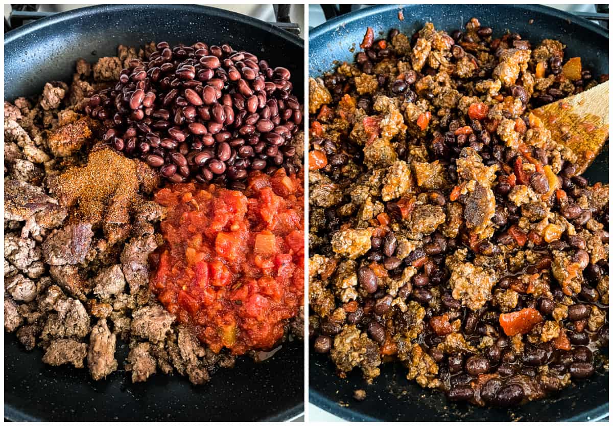 skillet with ground beef, taco seasoning, beans, and salsa.