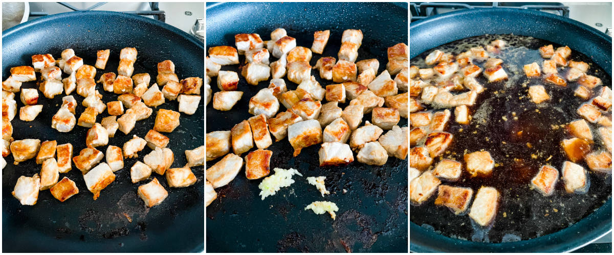 pork cubes cooking in a skillet