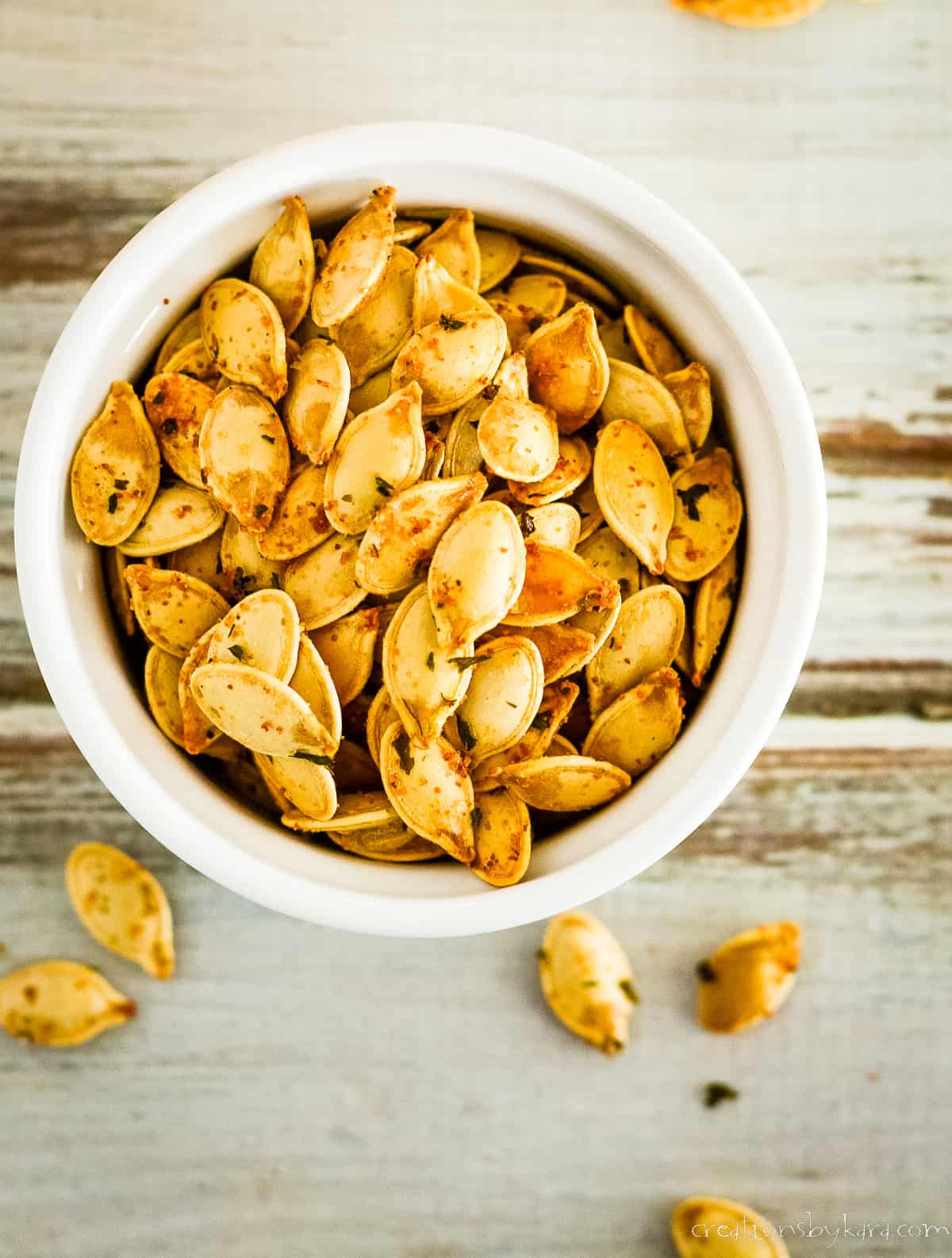overhead shot of roasted ranch pumpkin seeds