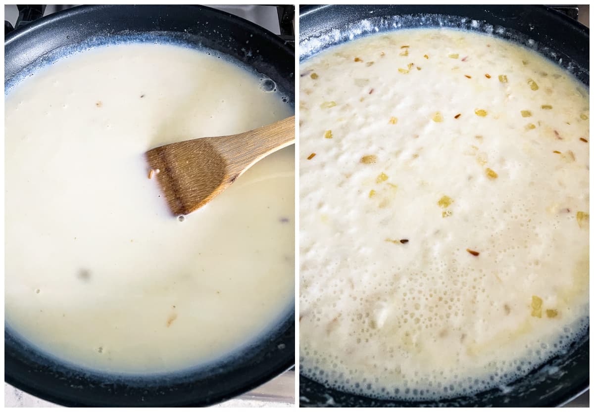process shots - making creamy garlic sauce in a skillet