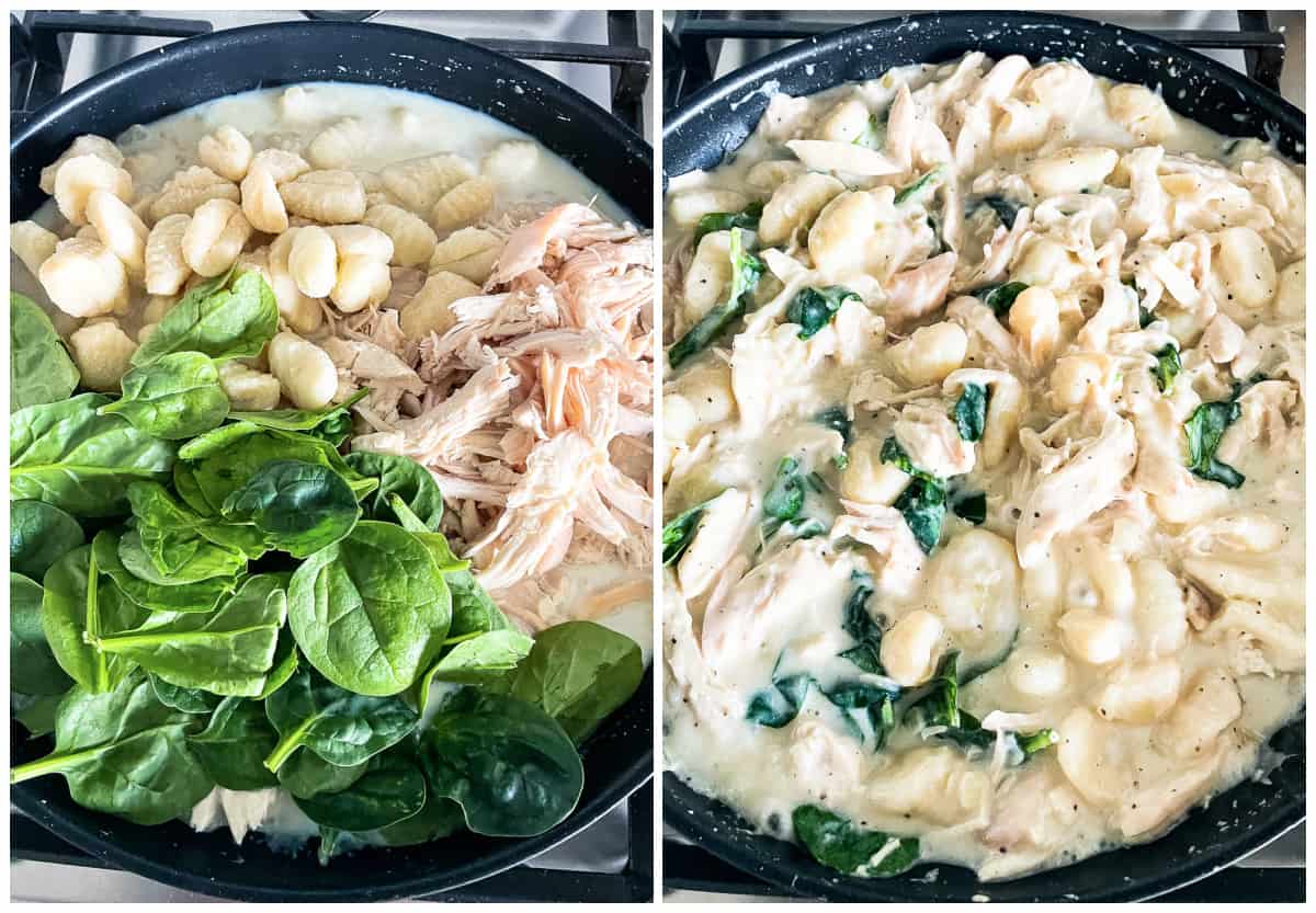 process shots - adding chicken, gnocchi, and spinach to creamy sauce