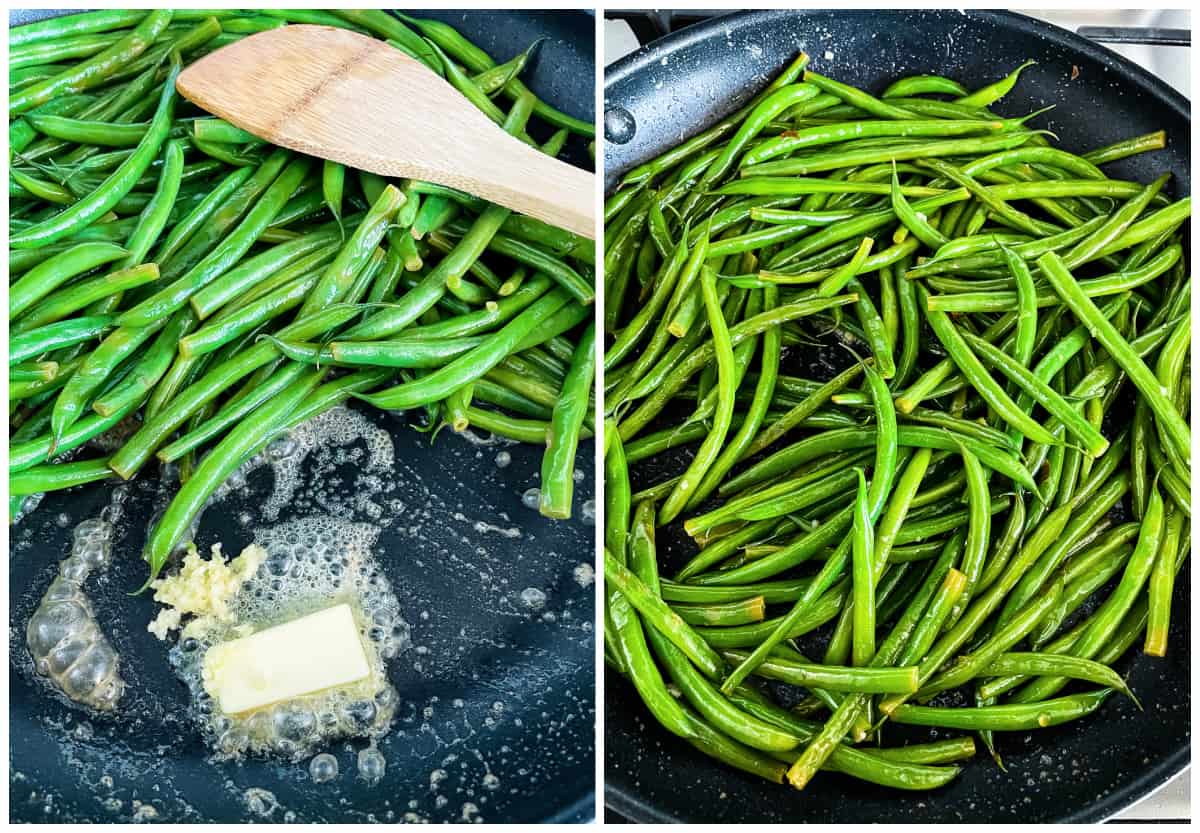 process shots - adding sauteed garlic to green beans