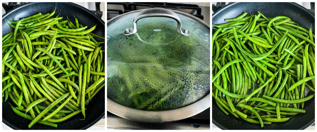 process shots- cooking green beans in a covered skillet