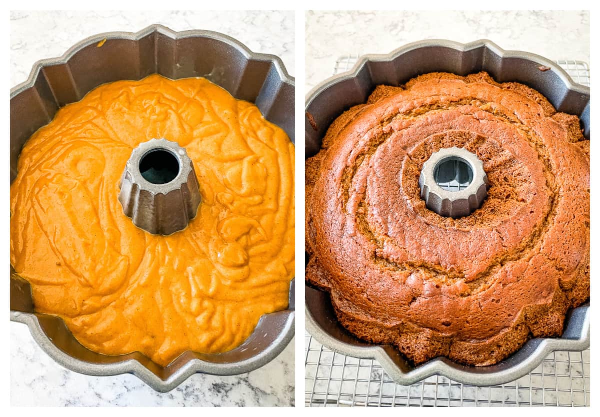 unbaked and baked cake in a bundt pan