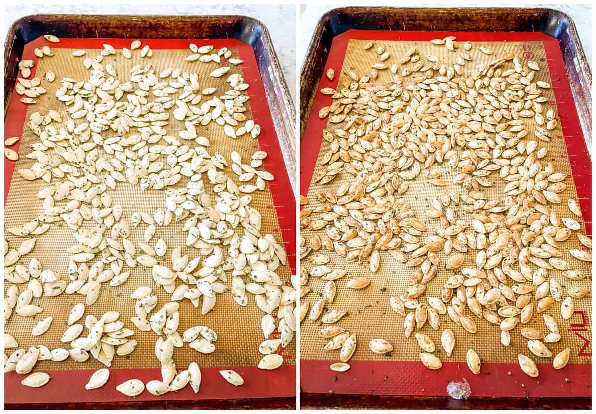 raw and roasted pumpkin seeds on a silicone lined baking sheet