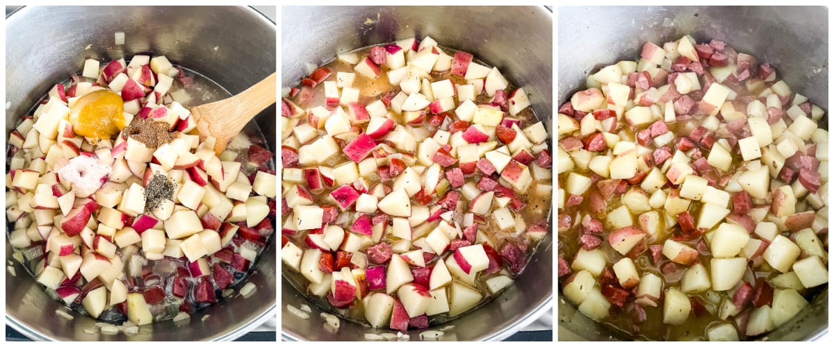 process shots - cooking potatoes and smoked sausage in broth