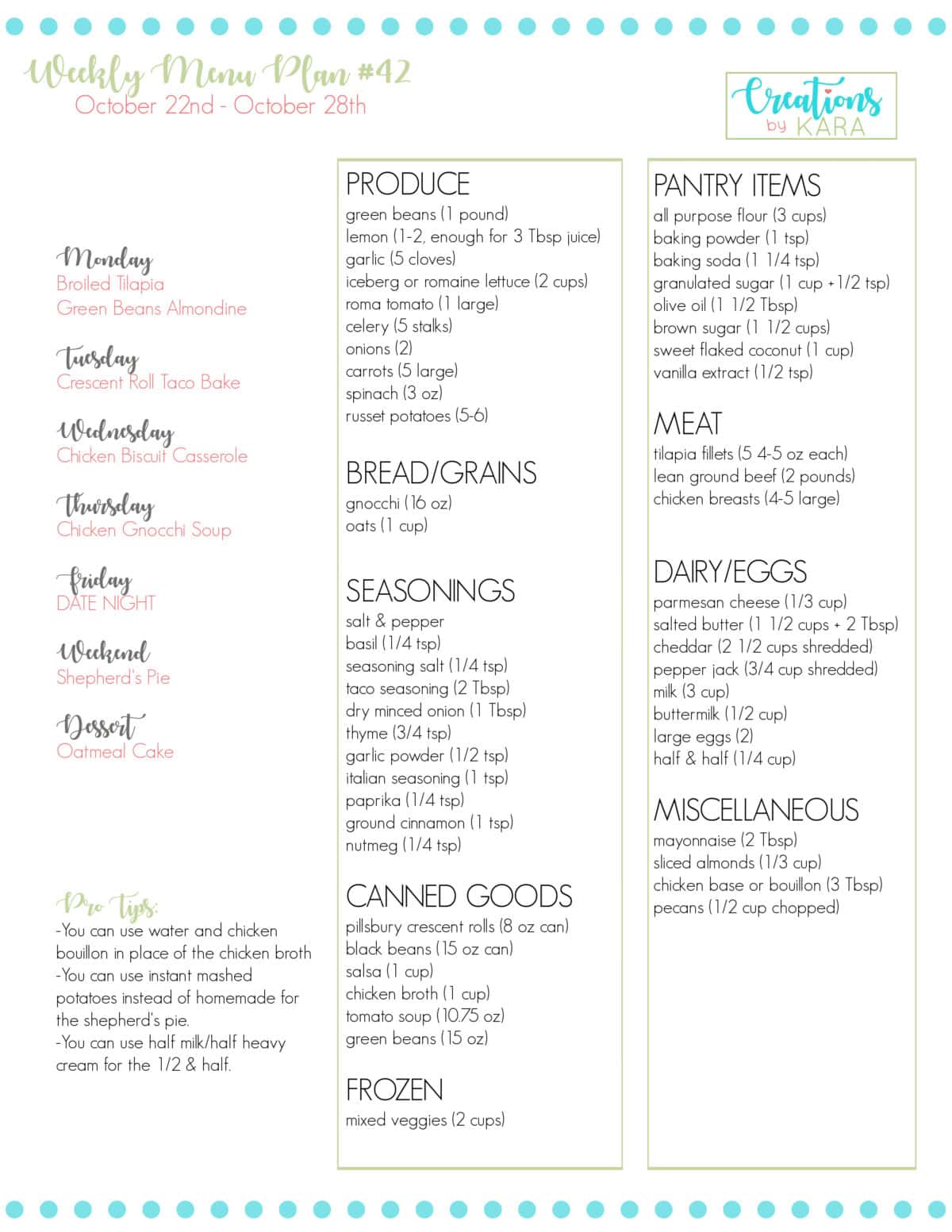 printable grocery list for menu plan week #42