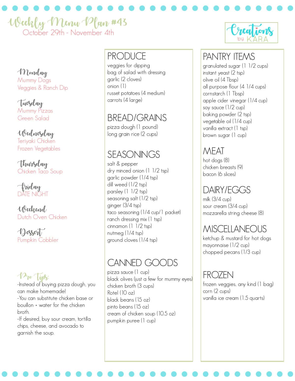 printable menu and grocery list for meal plan week #43