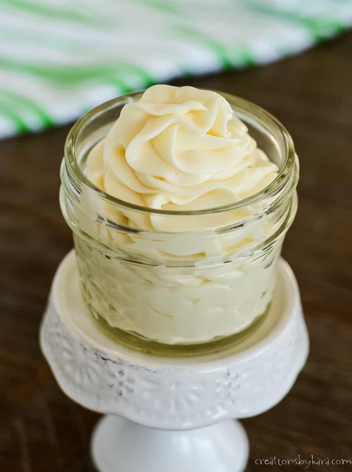 bowl of piped butter cream cheese frosting