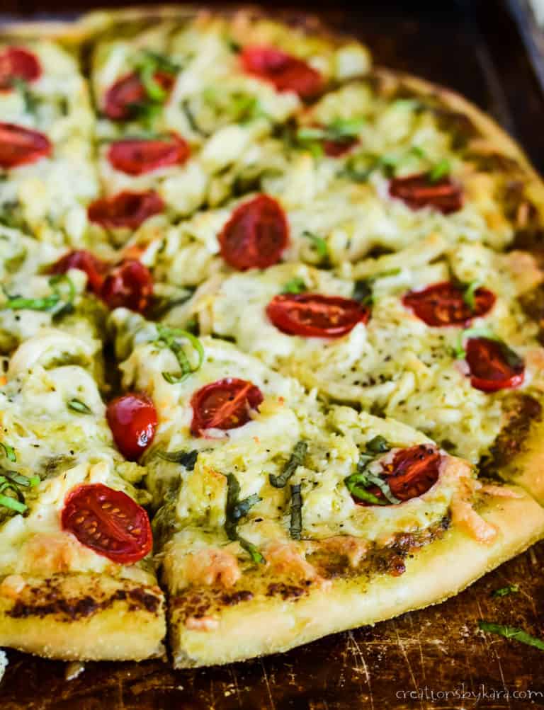 Posta Pazzo Easy Chicken Pesto Pizza Recipe with Tomatoes - Creations by Kara