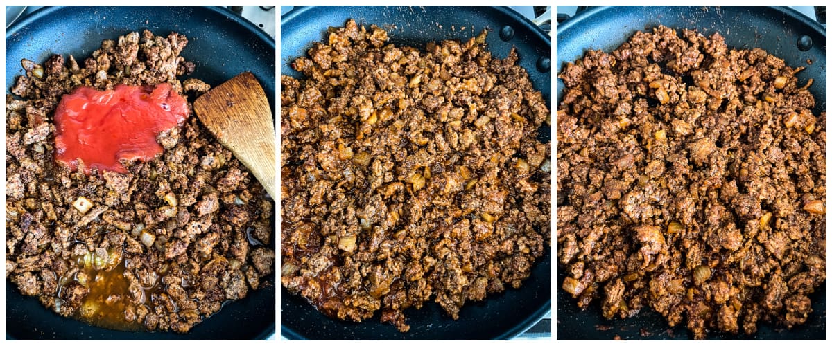 process shots - adding ingredients and simmering taco meat