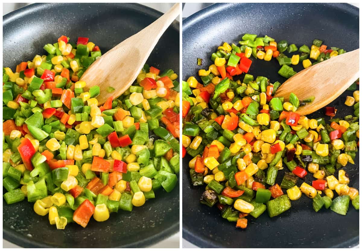 peppers and corn cooking in a skillet
