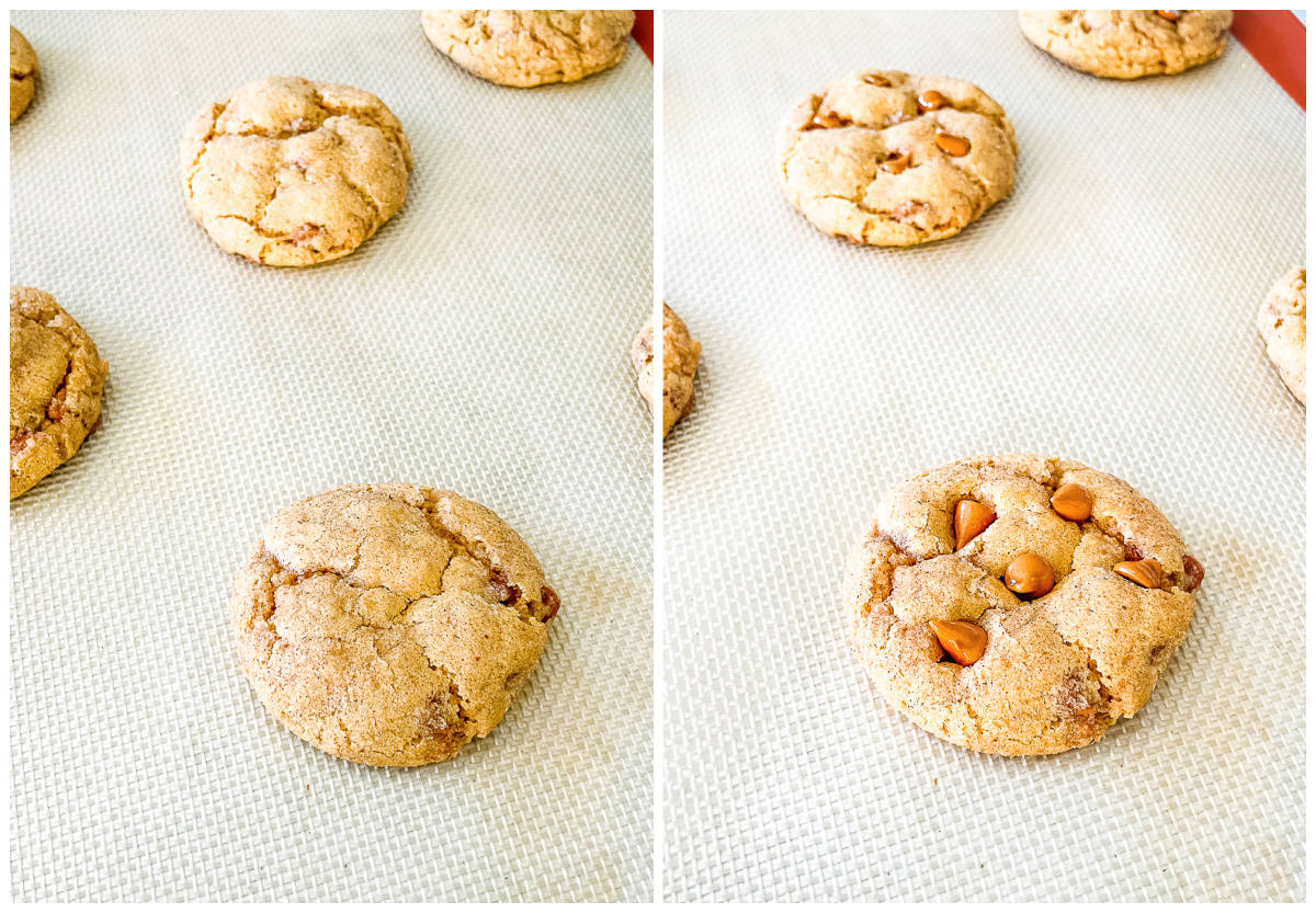 process shots- pressing cinnamon chips on top of baked cookies