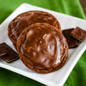 chocolate andes mint cookies on a plate with andes mints
