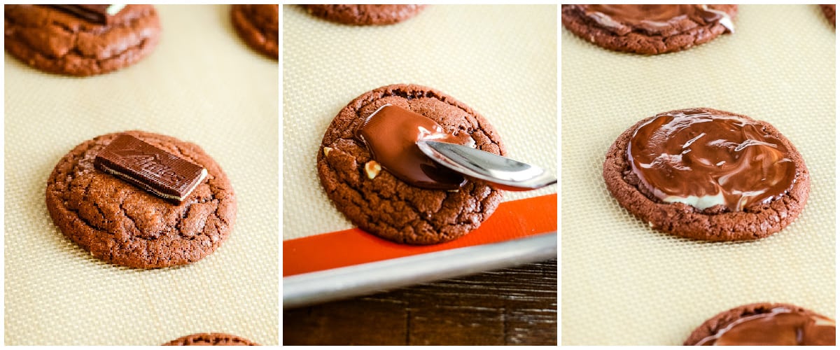 process shots - melting andes mints on top of chocolate cookies