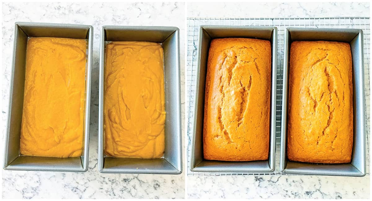 loaf pans of pumpkin batter and bread