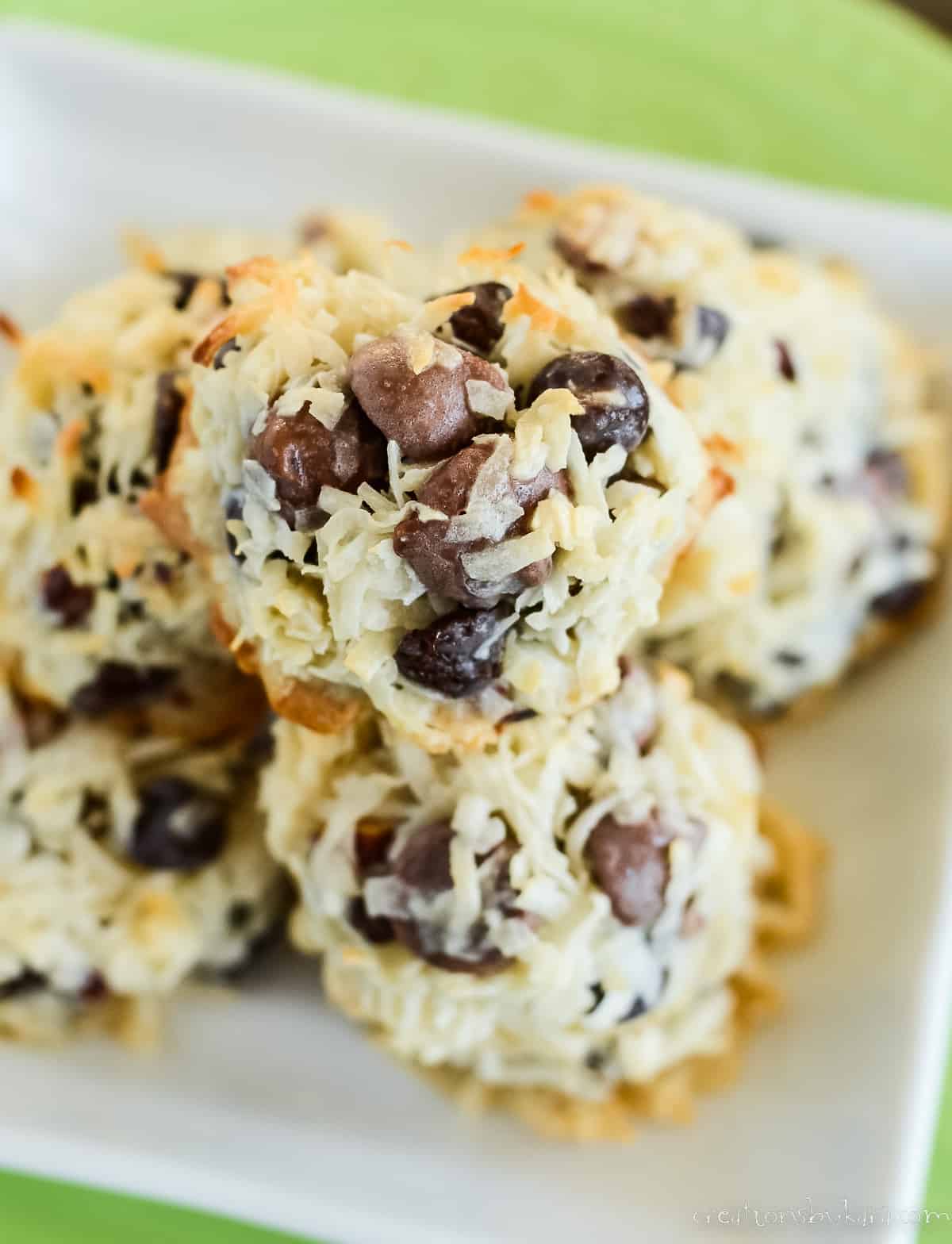 overhead shot of almond coconut chocolate chip cookies
