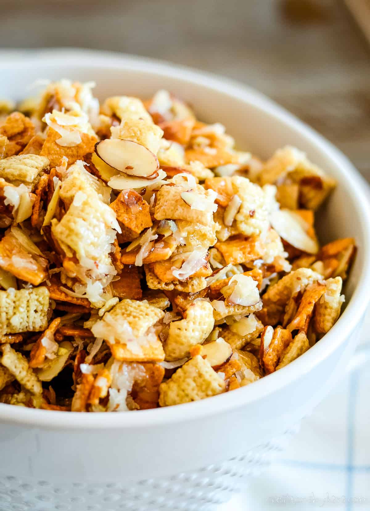close up of bowl of snack mix