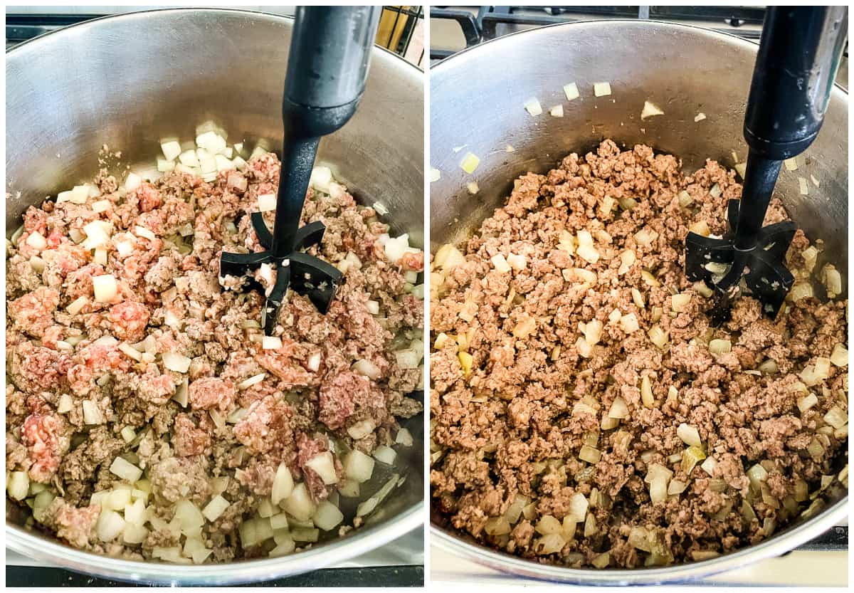 ground beef, sausage, and onion browning in a pot