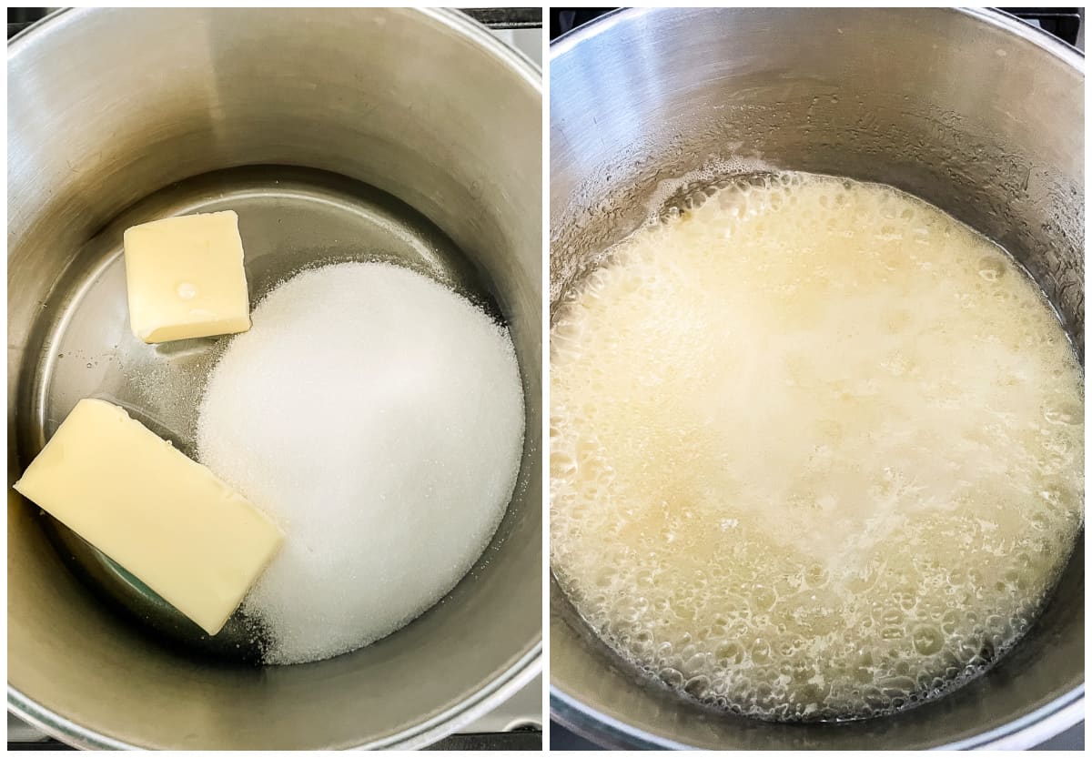 butter, sugar, and cornstarch cooking in a saucepan
