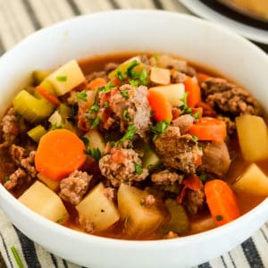 close up of bowl of ground beef stew