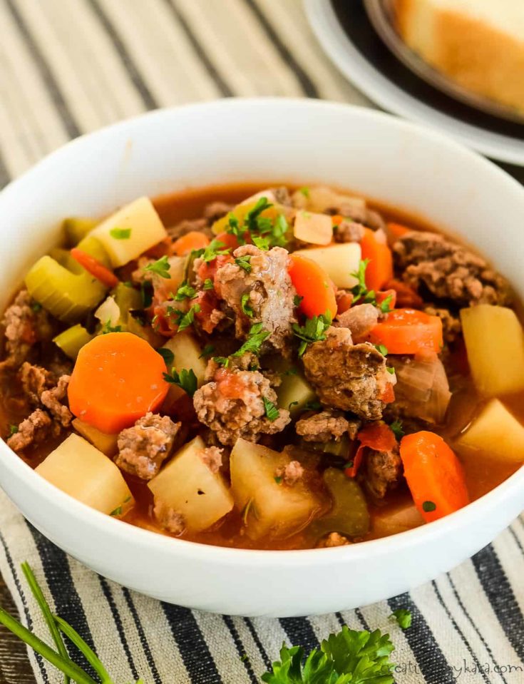 close up of bowl of ground beef stew