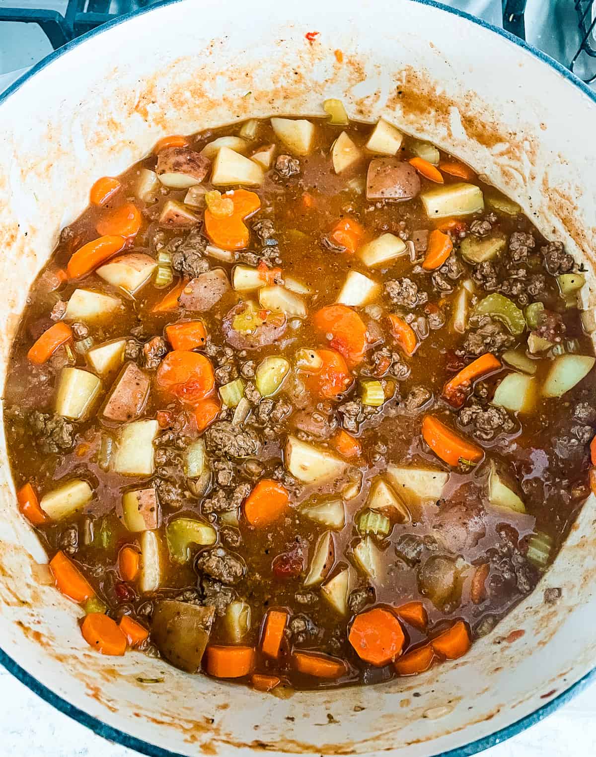 overhead shot of pot of stew