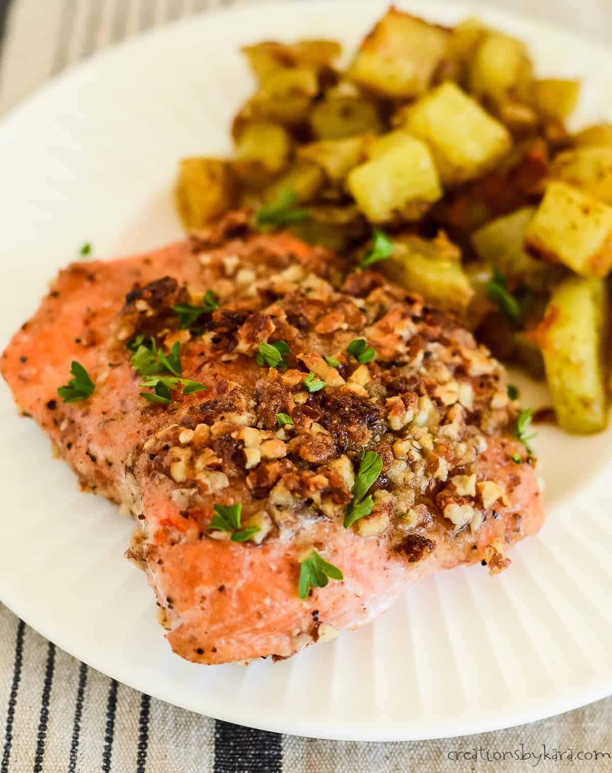 baked pecan crusted salmon with roasted potatoes