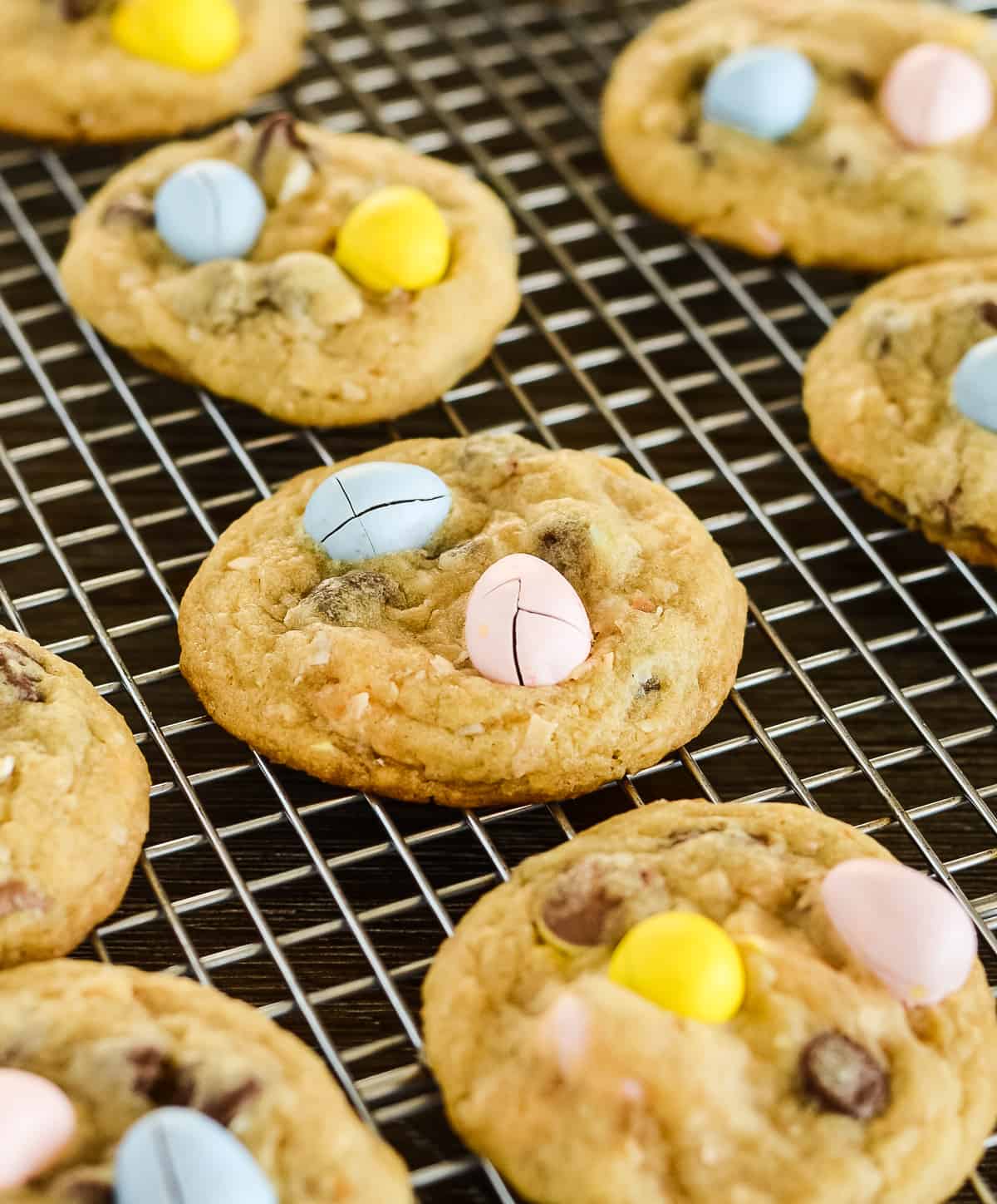 mini cadbury egg cookies on a cooling rack