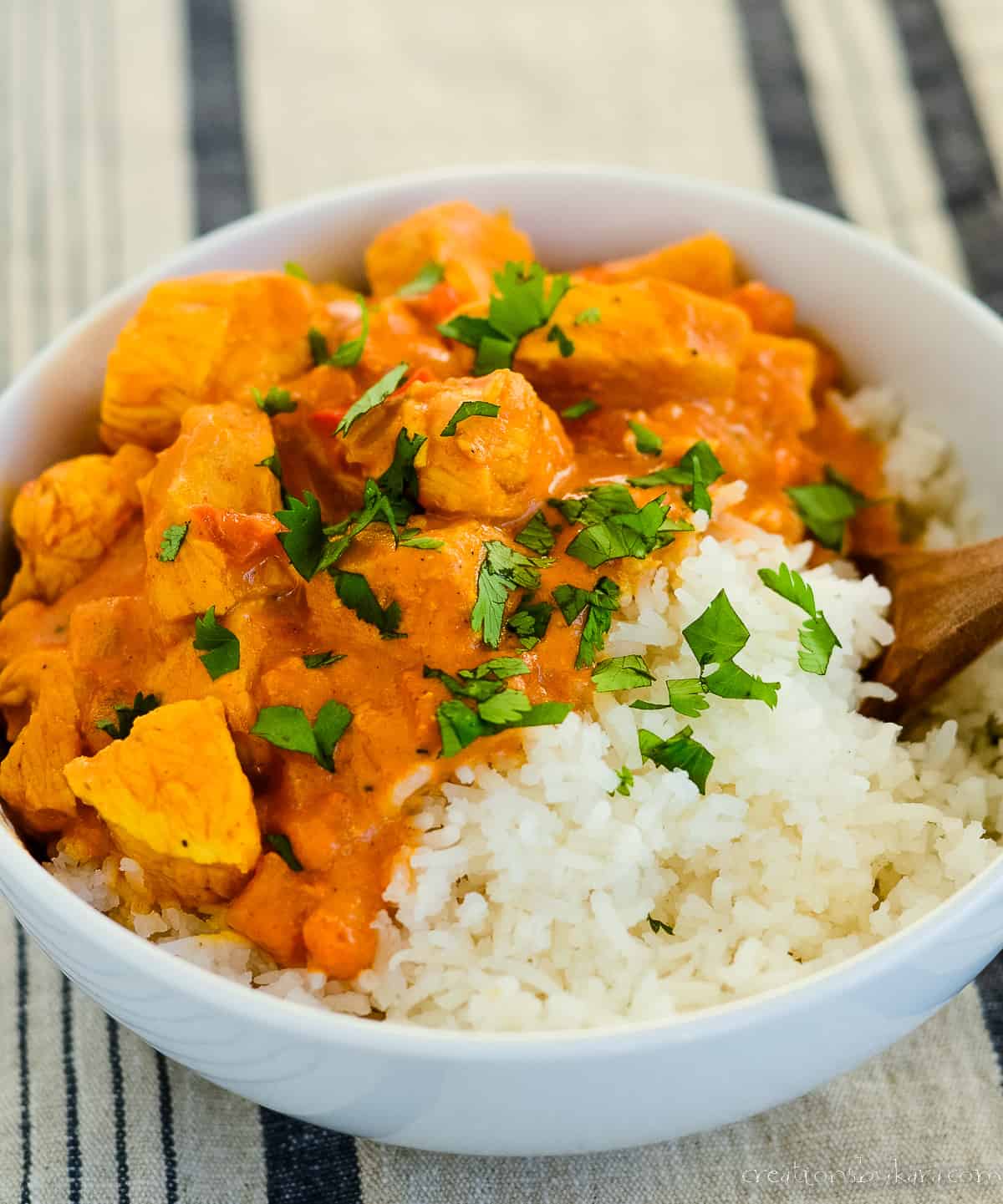 bowl of instant pot butter chicken with basmati rice and cilantro