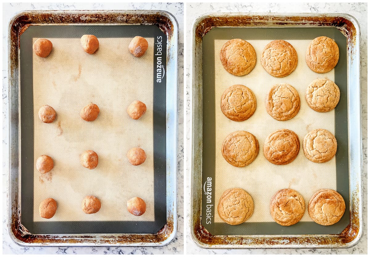 cinnamon cookies on a cookie sheet, baked and unbaked