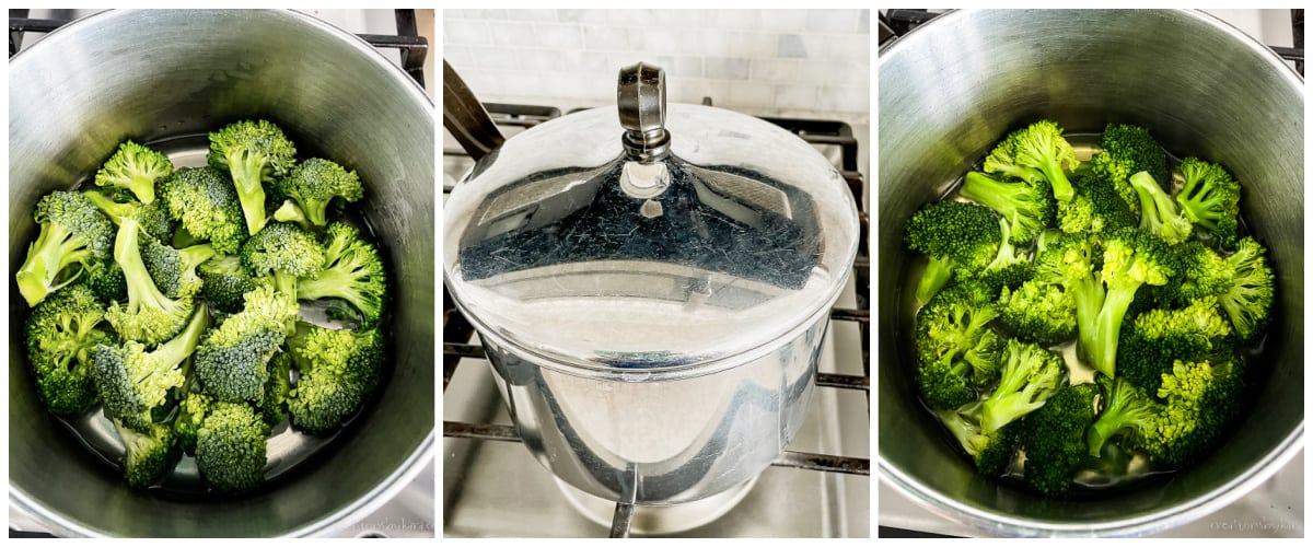 process shots - steaming broccoli in a pot