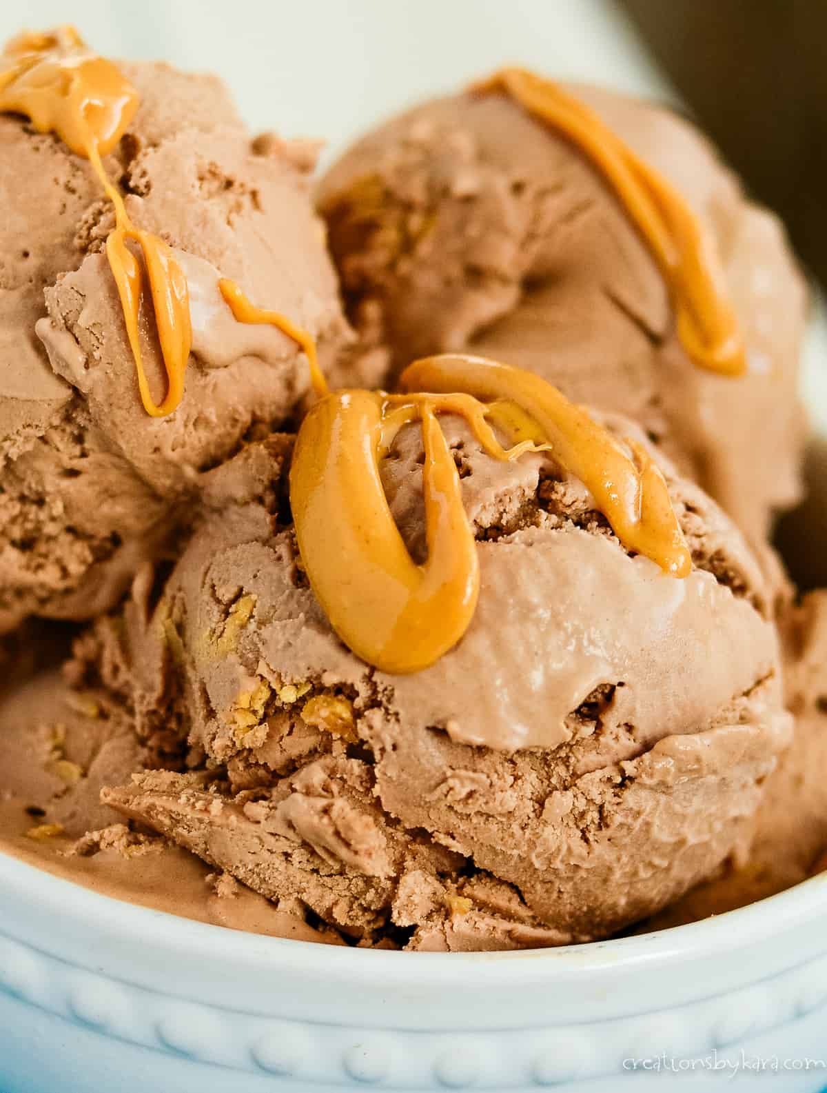 bowl of peanut butter chocolate ice cream with peanut butter drizzle