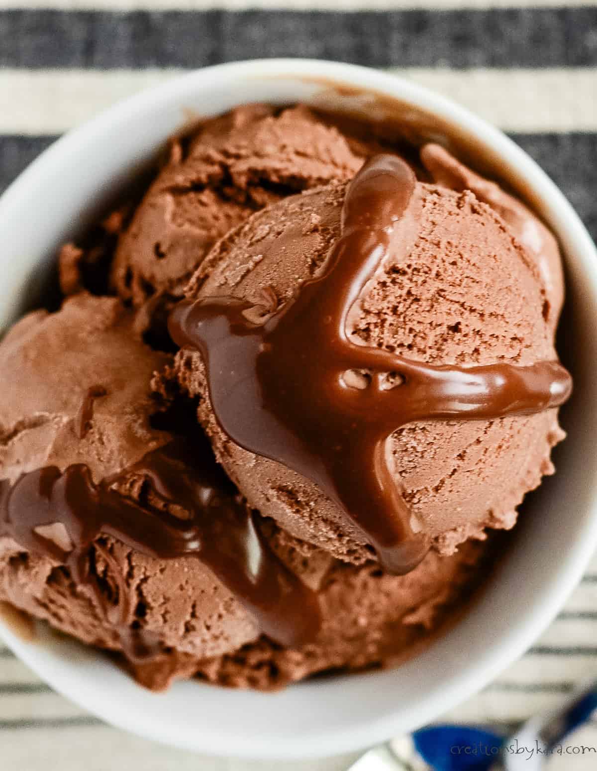 overhead shot of bowl of homemade chocolate ice cream