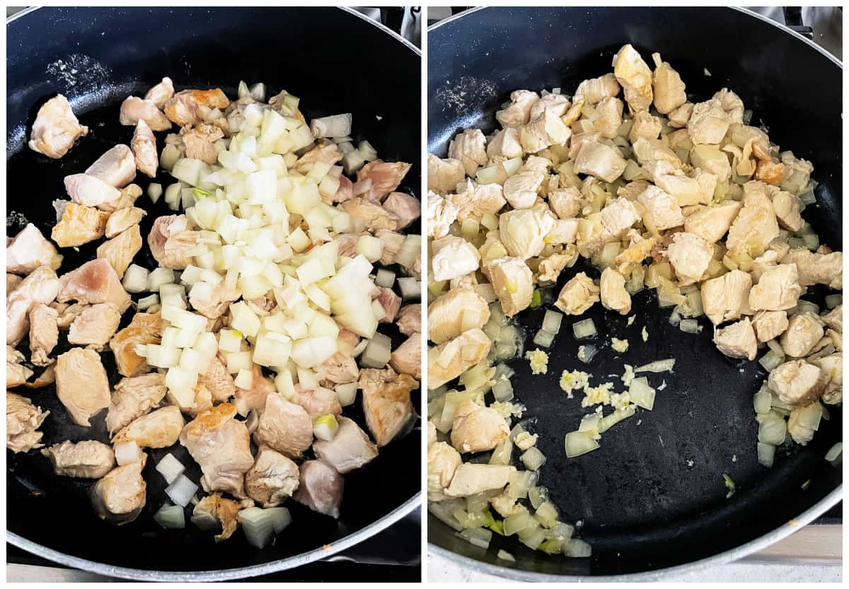 cubed chicken and onions cooking in a skillet