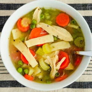 overhead shot of bowl of classic chicken noodle soup