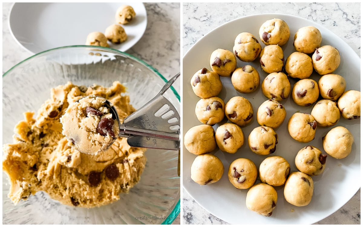 sourdough chocolate chip cookie dough rolled into balls