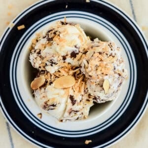 bowl of homemade almond joy ice cream
