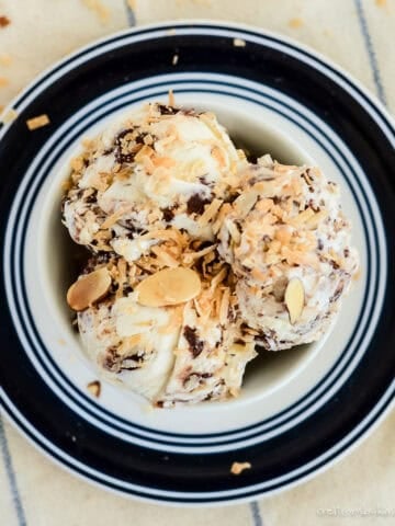 bowl of homemade almond joy ice cream