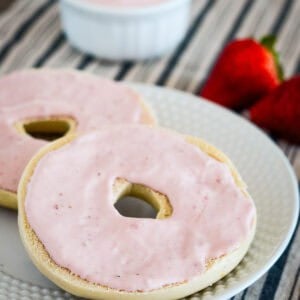 homemade strawberry cream cheese spread on a bagel